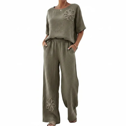 Womens Embroidered Linen Look Two-Piece Set Wide Leg Pants 8-18 QHA UK - Model Wearing Product - QHA UK
