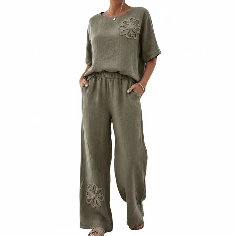 Womens Embroidered Linen Look Two-Piece Set Wide Leg Pants 8-18 QHA UK - Model Wearing Product - QHA UK