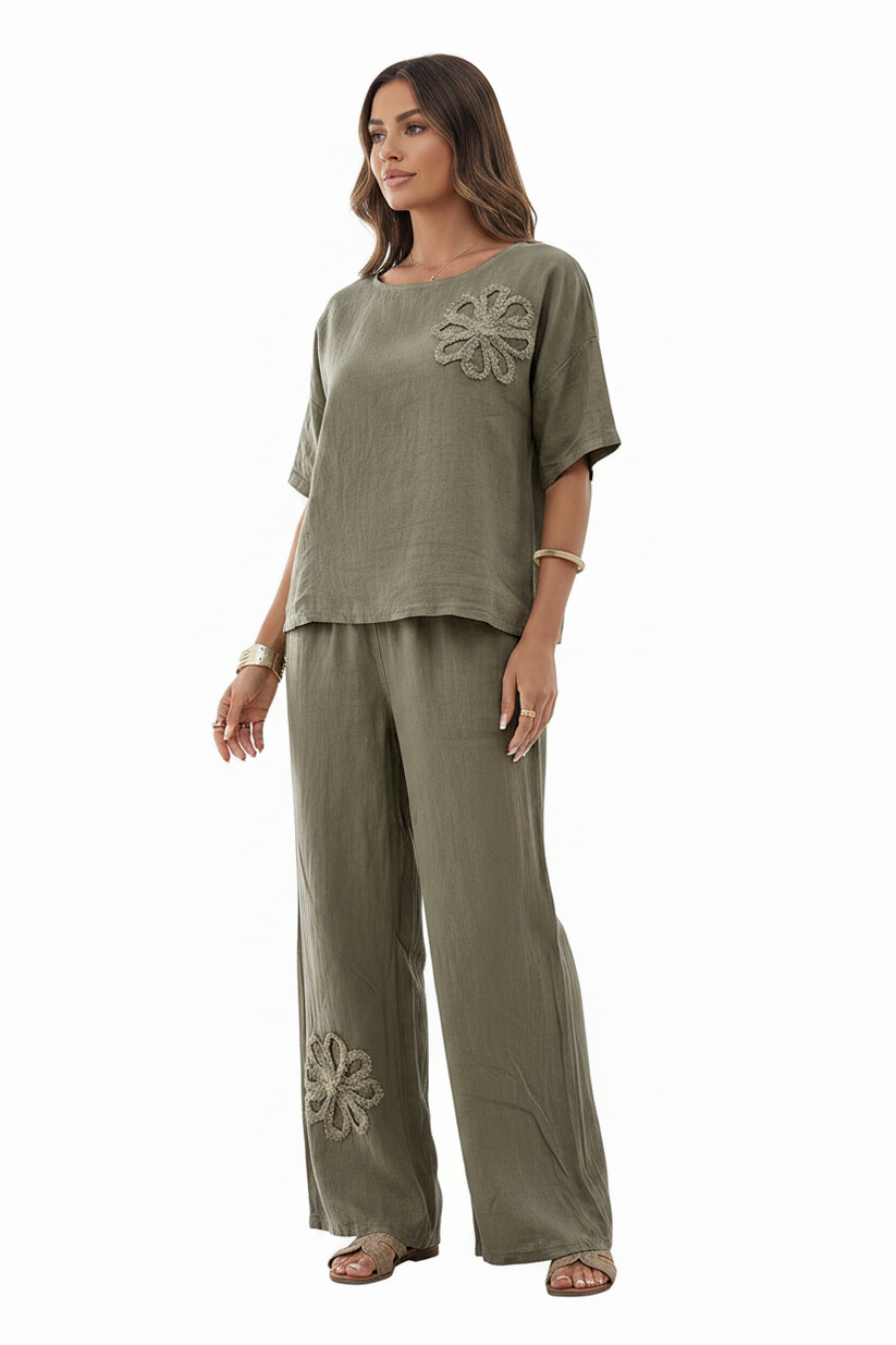 Womens Embroidered Linen Look Two-Piece Set Wide Leg Pants 8-18 QHA UK - QHA UK
