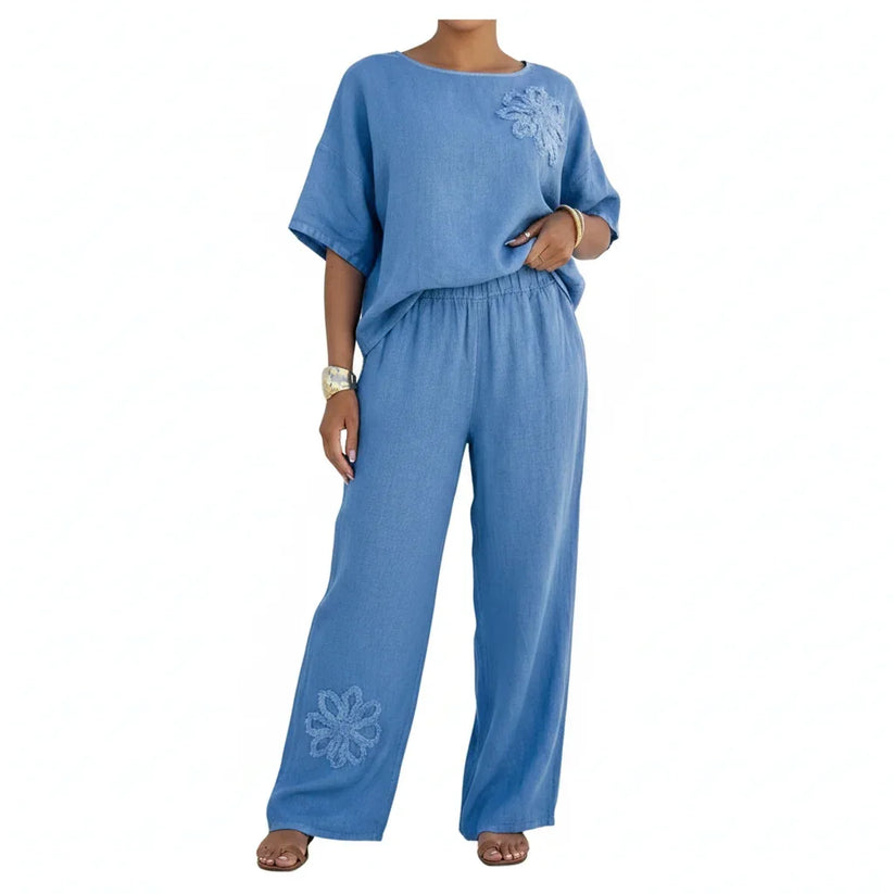 Womens Embroidered Linen Look Two-Piece Set Wide Leg Pants 8-18 QHA UK - Model Wearing Product - QHA UK