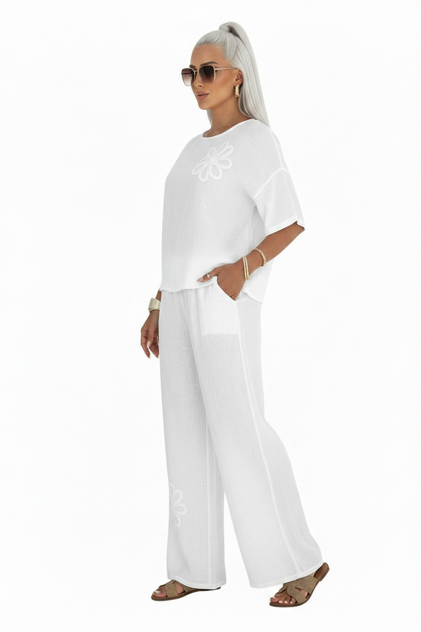 Womens Embroidered Linen Look Two-Piece Set Wide Leg Pants 8-18 QHA UK - QHA UK