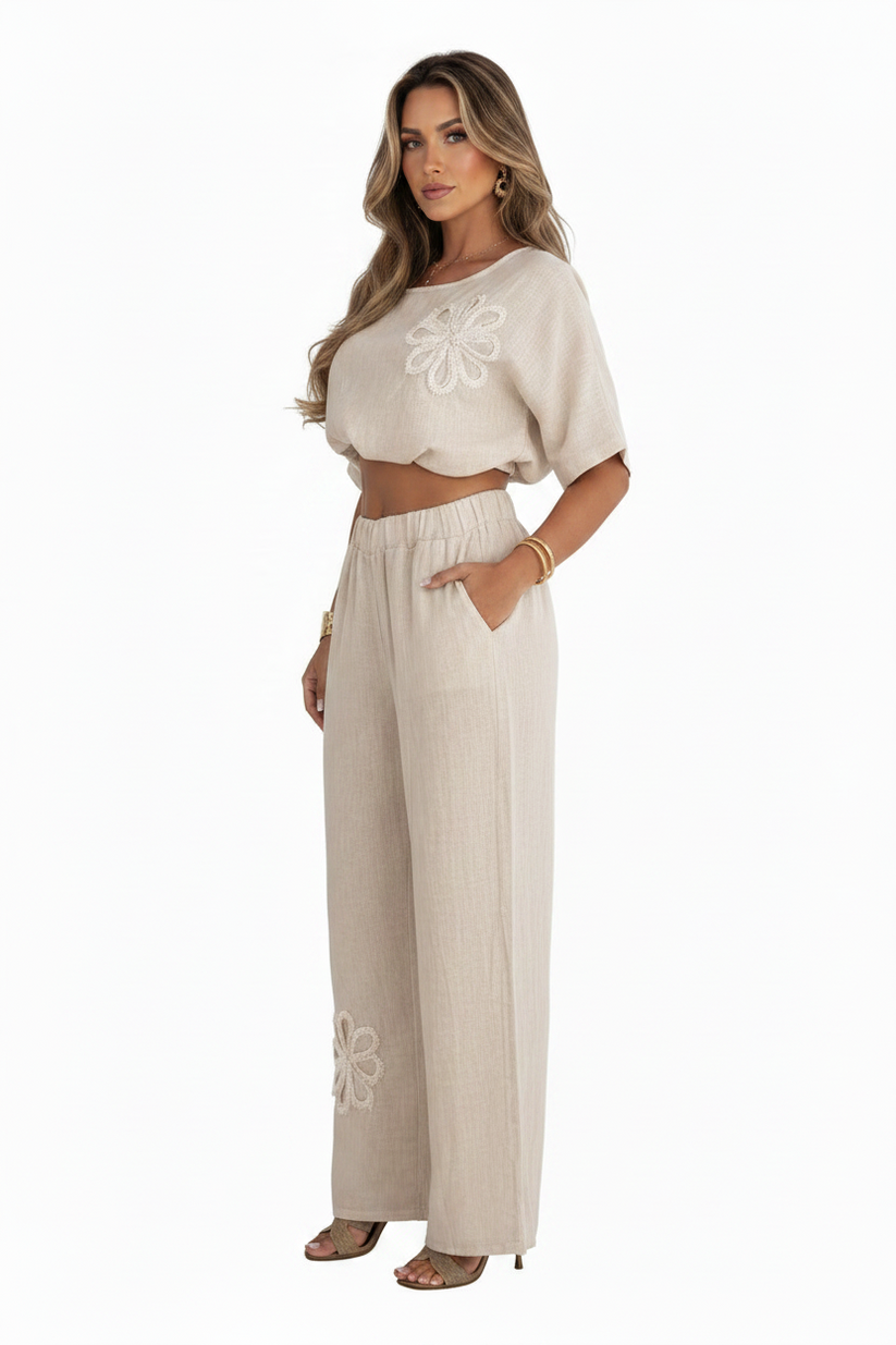 Womens Embroidered Linen Look Two-Piece Set Wide Leg Pants 8-18 QHA UK - QHA UK