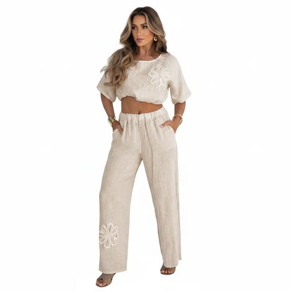 Womens Embroidered Linen Look Two-Piece Set Wide Leg Pants 8-18 QHA UK - Model Wearing Product - QHA UK
