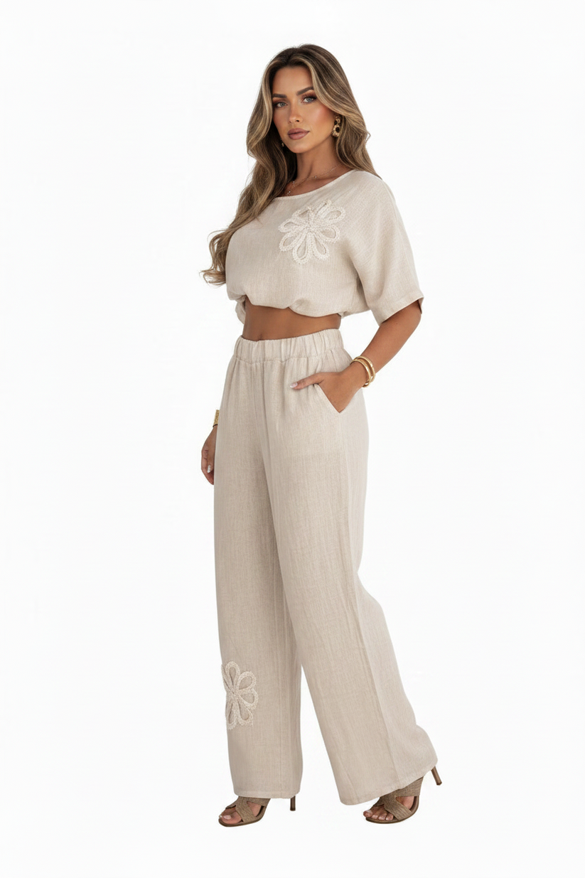 Womens Embroidered Linen Look Two-Piece Set Wide Leg Pants 8-18 QHA UK - QHA UK