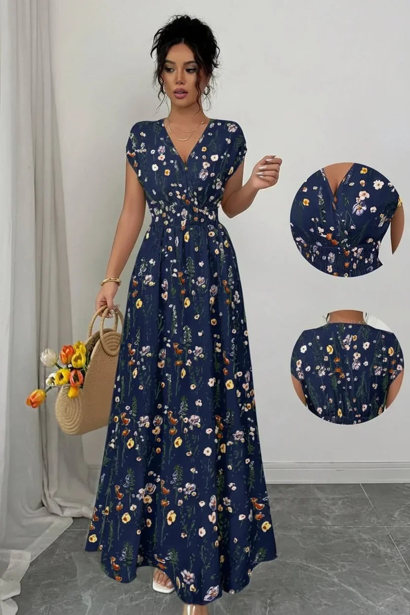 Women's Floral Maxi Dress | V-Neck Boho Summer Holiday Dress - Collar Detail - QHA UK