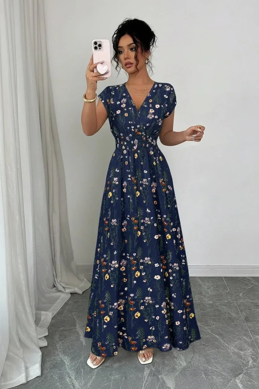 Women's Floral Maxi Dress | V-Neck Boho Summer Holiday Dress - Collar Detail - QHA UK