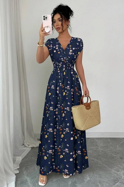 Women's Floral Maxi Dress | V-Neck Boho Summer Holiday Dress - Collar Detail - QHA UK