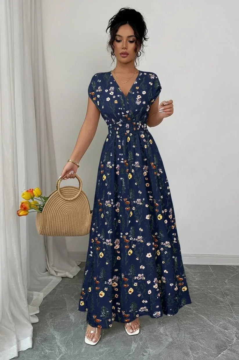 Women's Floral Maxi Dress | V-Neck Boho Summer Holiday Dress - Collar Detail - QHA UK