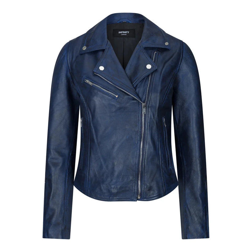 Women's Real Leather Biker Jacket Cross Zip Slim Fit Brando Style | QHA UK - Zip Detail - QHA UK