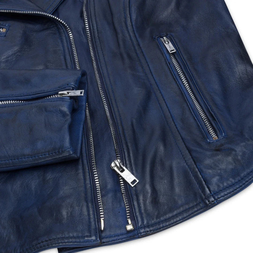 Women's Real Leather Biker Jacket Cross Zip Slim Fit Brando Style | QHA UK - Zip Detail - QHA UK
