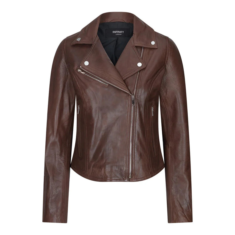 Women's Real Leather Biker Jacket Cross Zip Slim Fit Brando Style | QHA UK - Zip Detail - QHA UK
