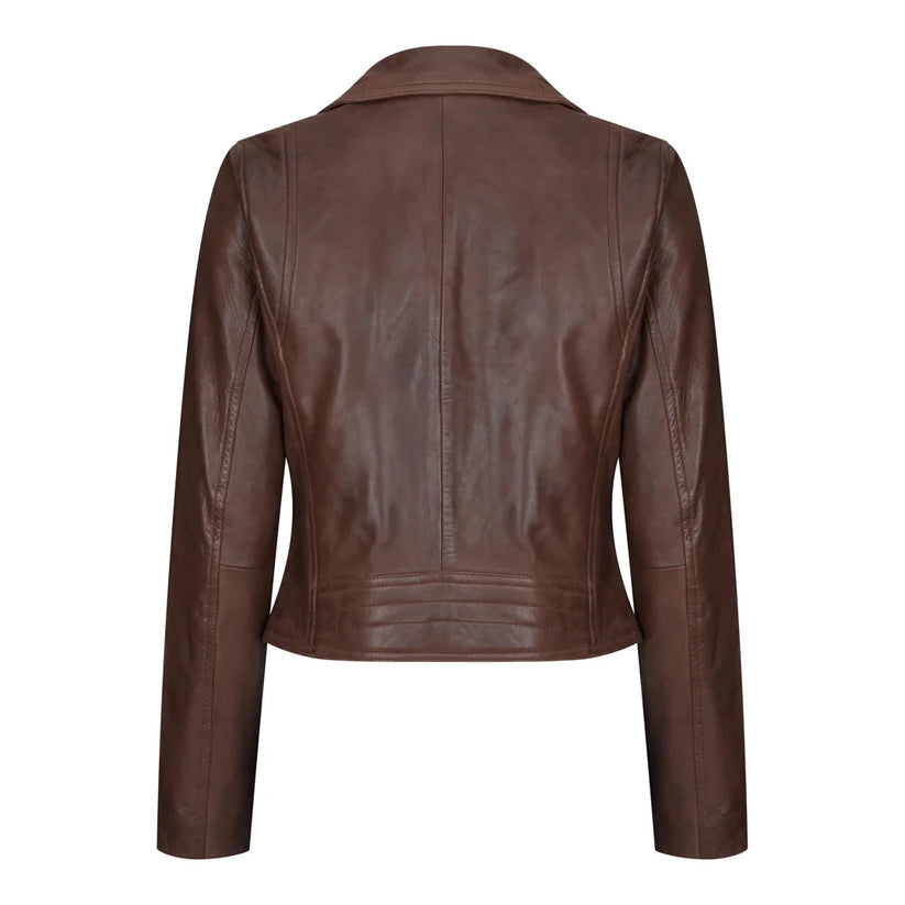 Women's Real Leather Biker Jacket Cross Zip Slim Fit Brando Style | QHA UK - Zip Detail - QHA UK