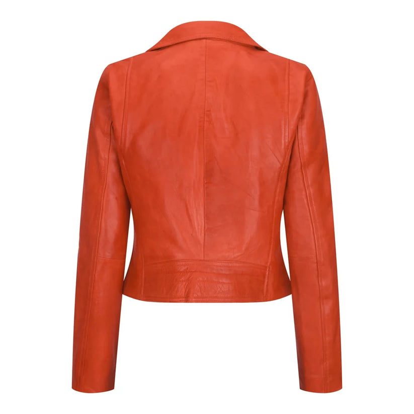 Women's Real Leather Biker Jacket Cross Zip Slim Fit Brando Style | QHA UK - Zip Detail - QHA UK