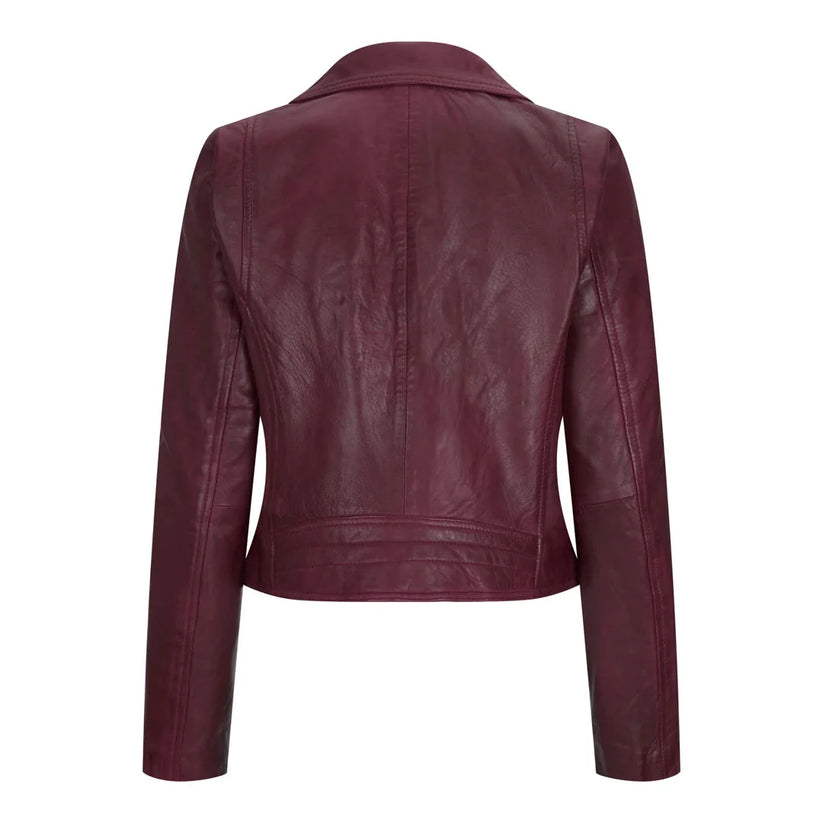 Women's Real Leather Biker Jacket Cross Zip Slim Fit Brando Style | QHA UK - Zip Detail - QHA UK