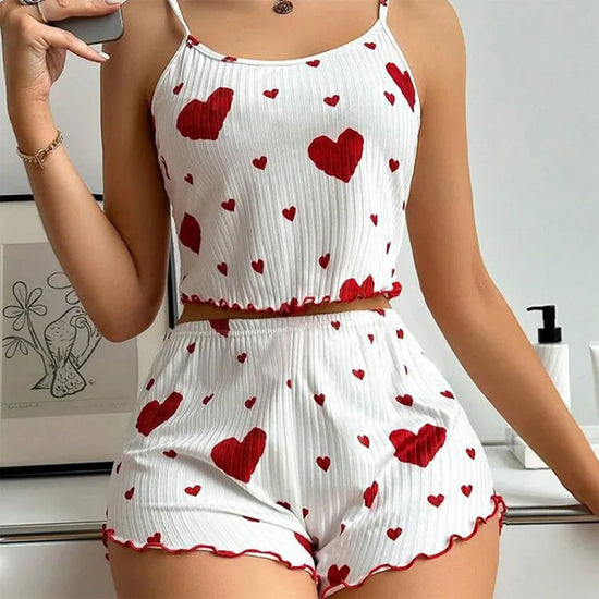 Women Love Print Pyjama Set Soft Cami Shorts Summer Nightwear UK - Model Wearing Product - QHA UK