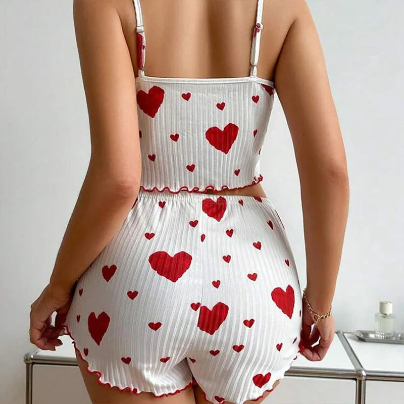 Women Love Print Pyjama Set Soft Cami Shorts Summer Nightwear UK - Pattern Detail - QHA UK