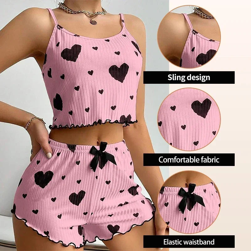 Women Love Print Pyjama Set Soft Cami Shorts Summer Nightwear UK - Pattern Detail - QHA UK