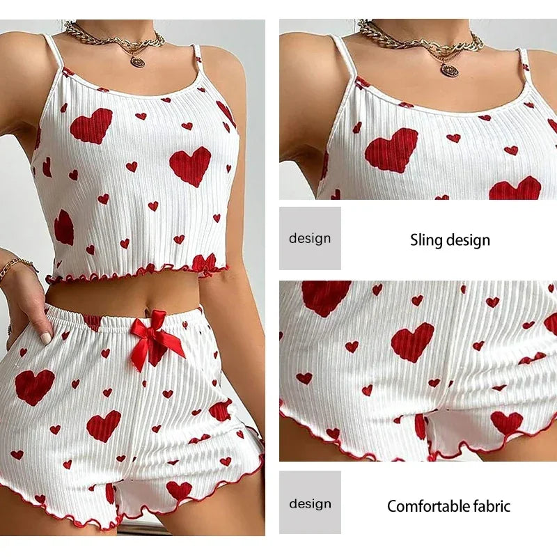 Women Love Print Pyjama Set Soft Cami Shorts Summer Nightwear UK - Pattern Detail - QHA UK