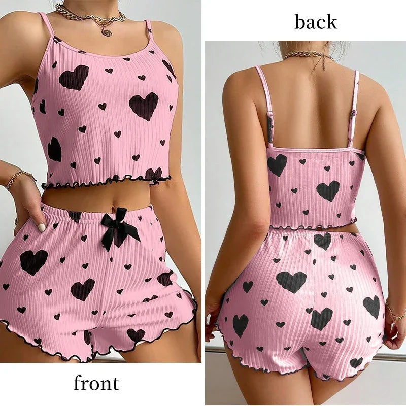 Women Love Print Pyjama Set Soft Cami Shorts Summer Nightwear UK - Pattern Detail - QHA UK