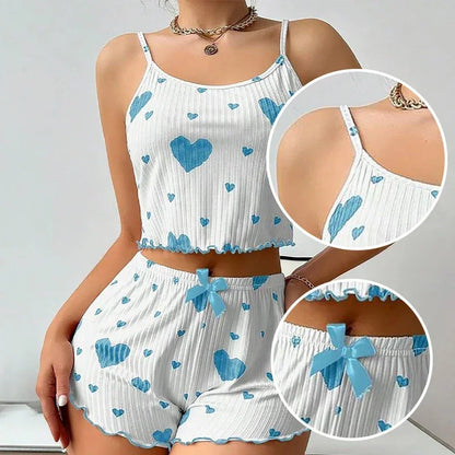 Women Love Print Pyjama Set Soft Cami Shorts Summer Nightwear UK - Pattern Detail - QHA UK