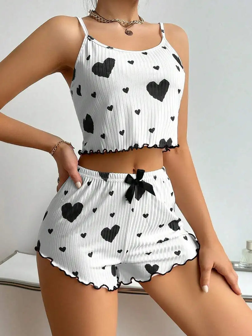 Women Love Print Pyjama Set Soft Cami Shorts Summer Nightwear UK - Pattern Detail - QHA UK