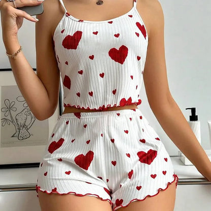 Women Love Print Pyjama Set Soft Cami Shorts Summer Nightwear UK - Pattern Detail - QHA UK