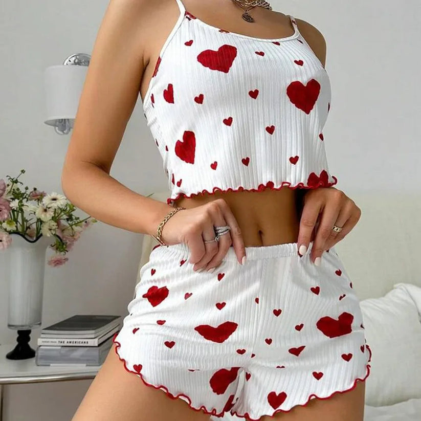 Women Love Print Pyjama Set Soft Cami Shorts Summer Nightwear UK - Pattern Detail - QHA UK
