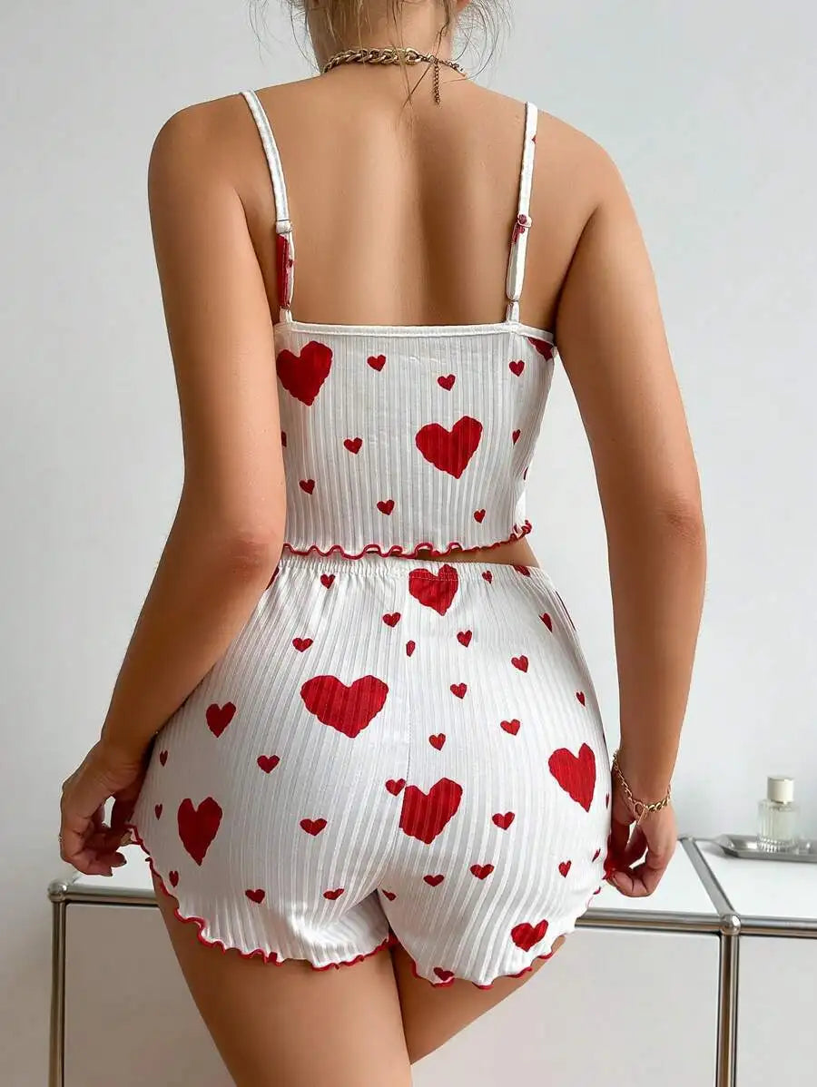 Women Love Print Pyjama Set Soft Cami Shorts Summer Nightwear UK - Pattern Detail - QHA UK