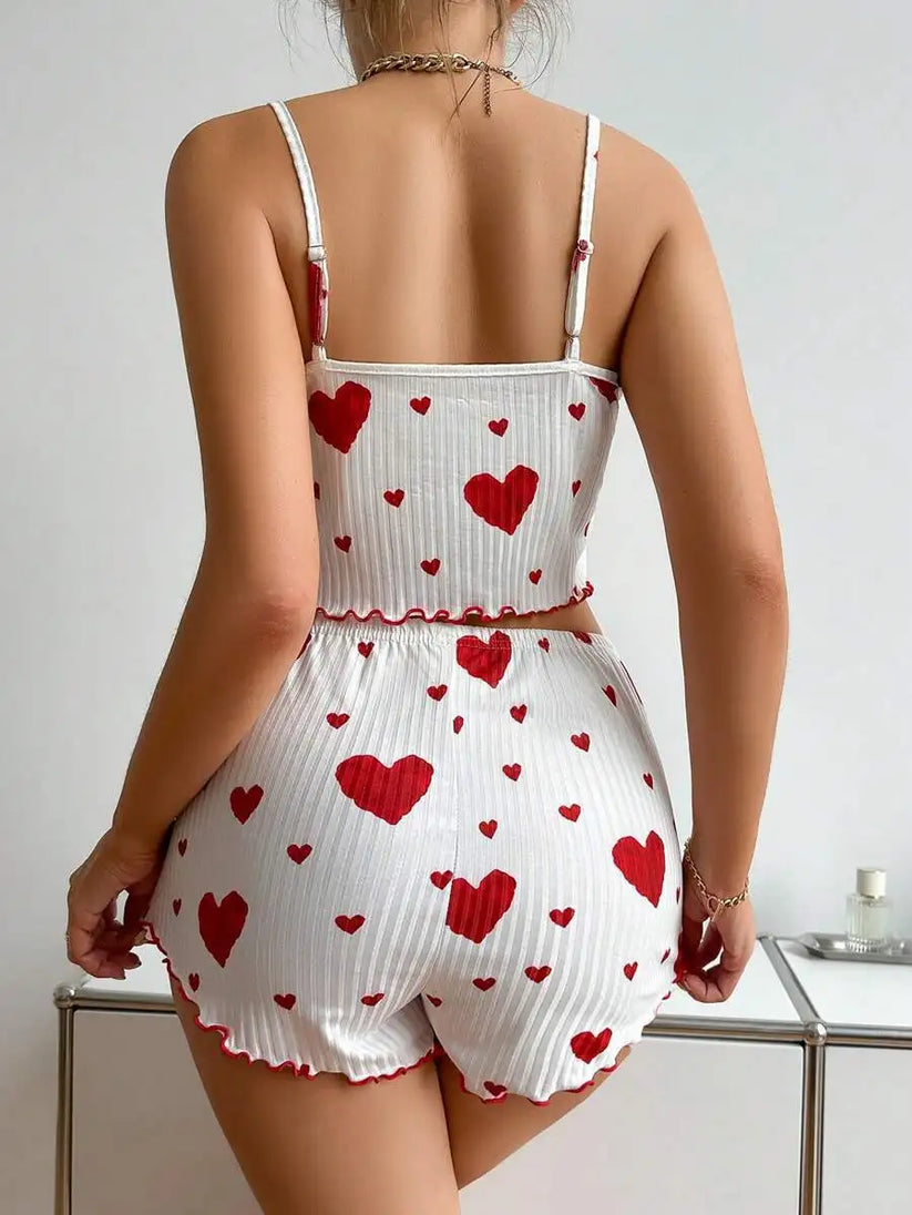 Women Love Print Pyjama Set Soft Cami Shorts Summer Nightwear UK - Pattern Detail - QHA UK