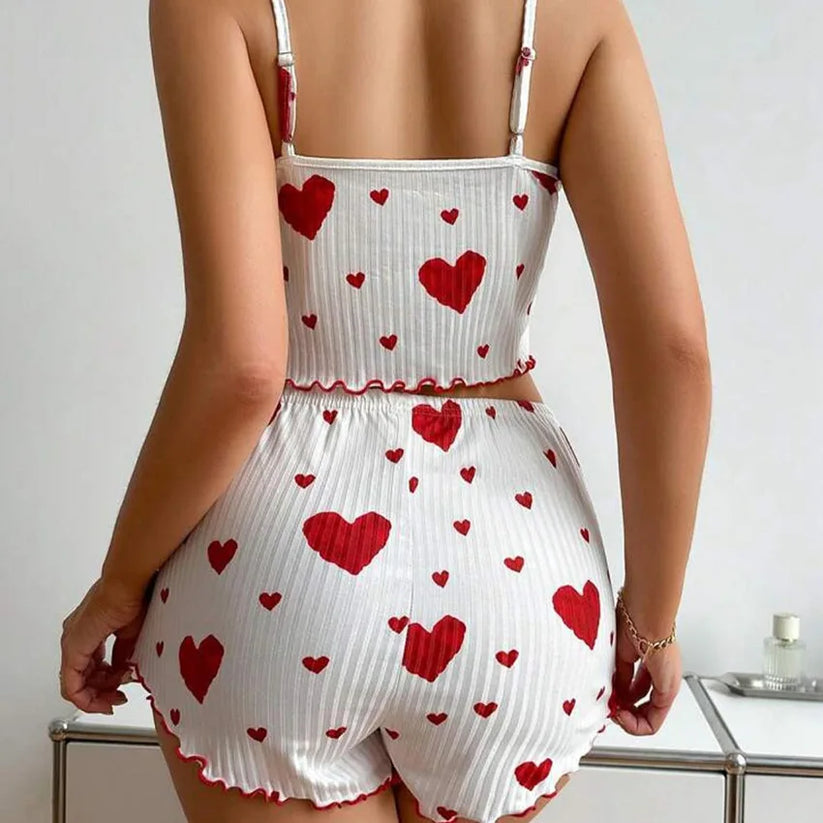 Women Love Print Pyjama Set Soft Cami Shorts Summer Nightwear UK - Pattern Detail - QHA UK