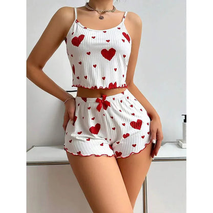 Women Love Print Pyjama Set Soft Cami Shorts Summer Nightwear UK - Pattern Detail - QHA UK