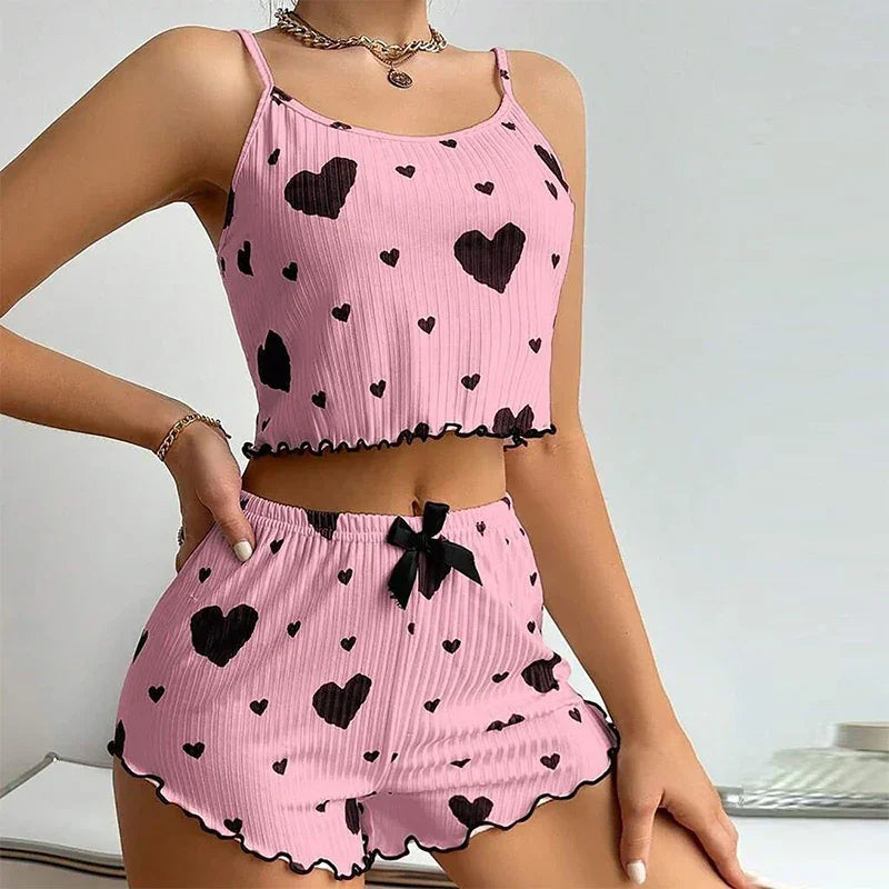 Women Love Print Pyjama Set Soft Cami Shorts Summer Nightwear UK - Pattern Detail - QHA UK