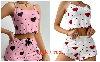Women Love Print Pyjama Set Soft Cami Shorts Summer Nightwear UK - Pattern Detail - QHA UK