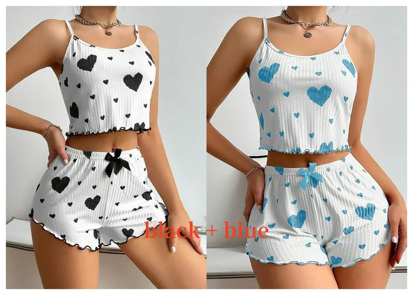 Women Love Print Pyjama Set Soft Cami Shorts Summer Nightwear UK - Pattern Detail - QHA UK