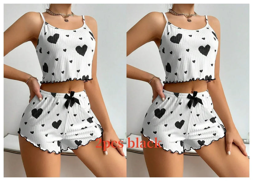 Women Love Print Pyjama Set Soft Cami Shorts Summer Nightwear UK - Pattern Detail - QHA UK