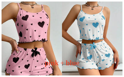 Women Love Print Pyjama Set Soft Cami Shorts Summer Nightwear UK - Pattern Detail - QHA UK