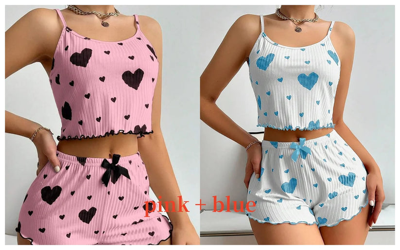 Women Love Print Pyjama Set Soft Cami Shorts Summer Nightwear UK - Pattern Detail - QHA UK