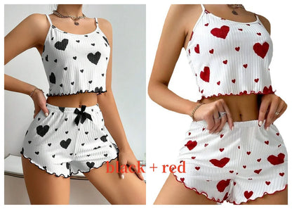 Women Love Print Pyjama Set Soft Cami Shorts Summer Nightwear UK - Pattern Detail - QHA UK