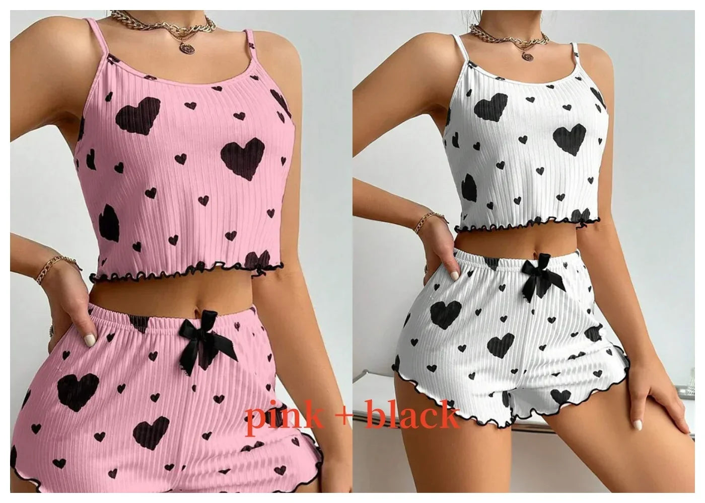 Women Love Print Pyjama Set Soft Cami Shorts Summer Nightwear UK - Pattern Detail - QHA UK