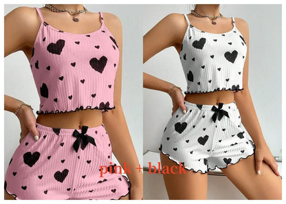 Women Love Print Pyjama Set Soft Cami Shorts Summer Nightwear UK - Pattern Detail - QHA UK