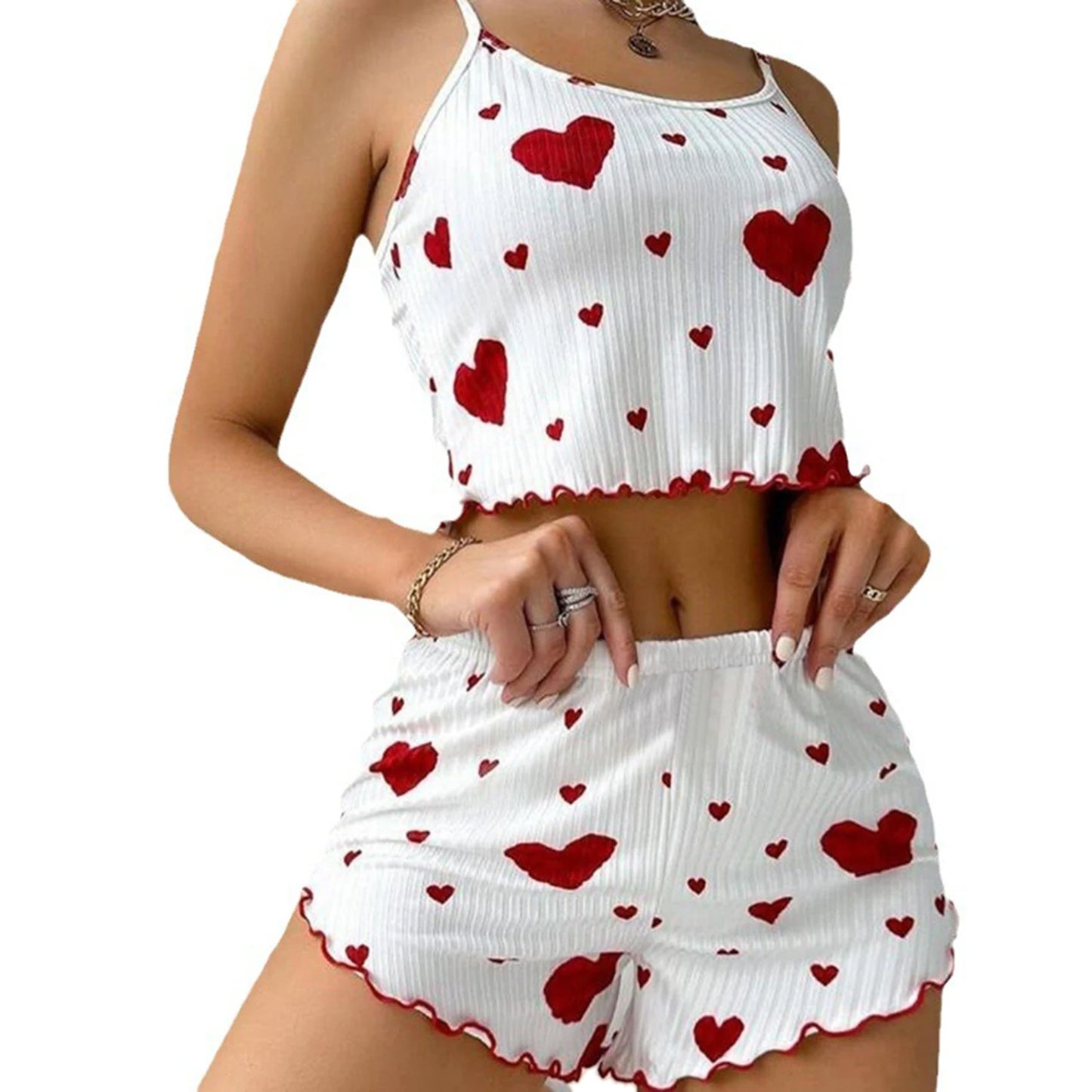 Women Love Print Pyjama Set Soft Cami Shorts Summer Nightwear UK - Pattern Detail - QHA UK