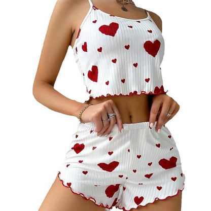 Women Love Print Pyjama Set Soft Cami Shorts Summer Nightwear UK - Pattern Detail - QHA UK