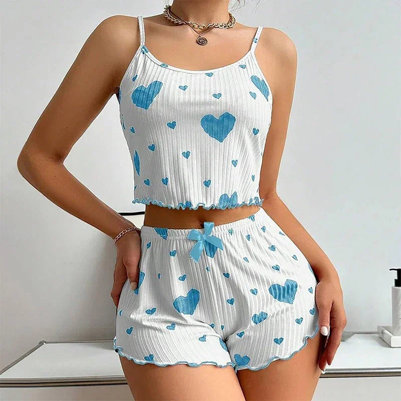 Women Love Print Pyjama Set Soft Cami Shorts Summer Nightwear UK - Pattern Detail - QHA UK