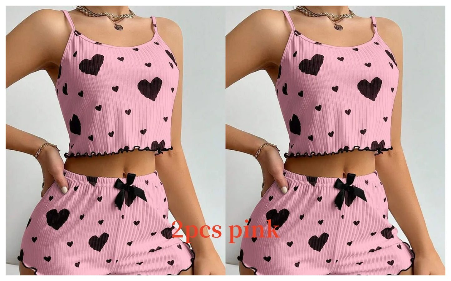 Women Love Print Pyjama Set Soft Cami Shorts Summer Nightwear UK - Pattern Detail - QHA UK