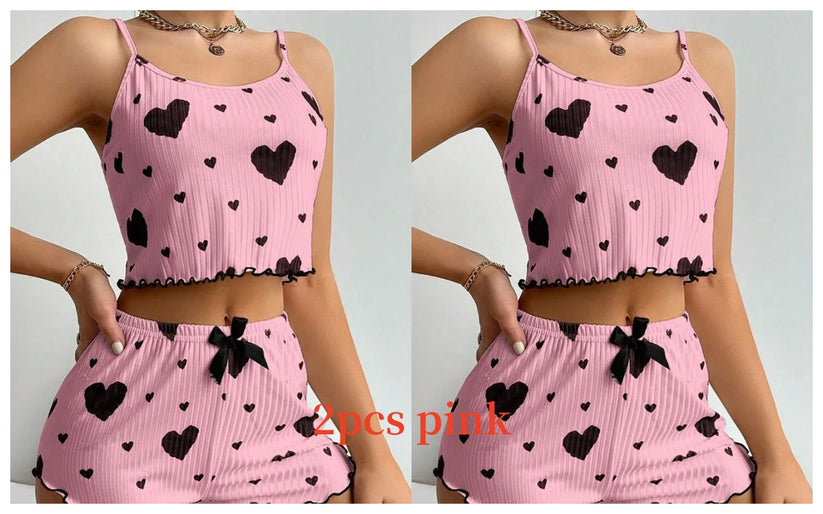 Women Love Print Pyjama Set Soft Cami Shorts Summer Nightwear UK - Pattern Detail - QHA UK
