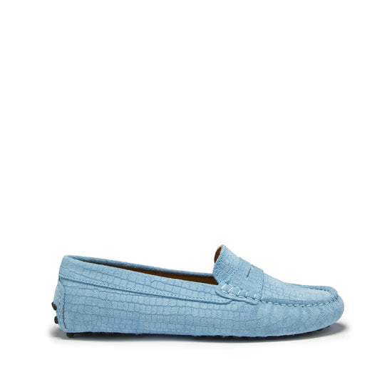 Hugs & Co Womens Penny Driving Loafers Blue Embossed Suede EU 36-42 - QHA UK