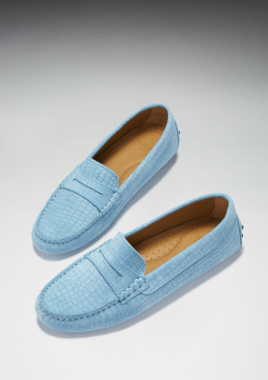 Hugs & Co Womens Penny Driving Loafers Blue Embossed Suede EU 36-42 - QHA UK