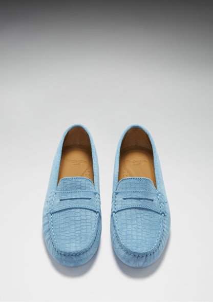 Hugs & Co Womens Penny Driving Loafers Blue Embossed Suede EU 36-42 - QHA UK