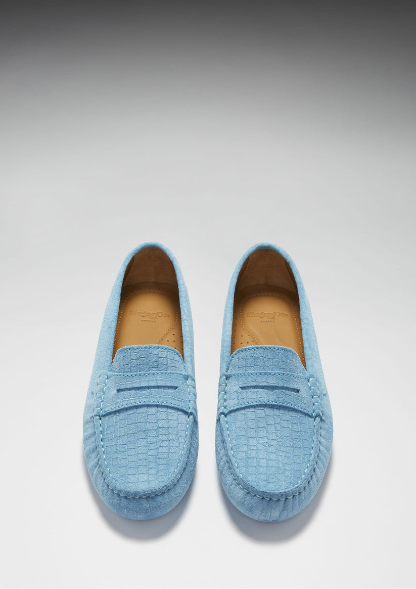 Hugs & Co Womens Penny Driving Loafers Blue Embossed Suede EU 36-42 - QHA UK