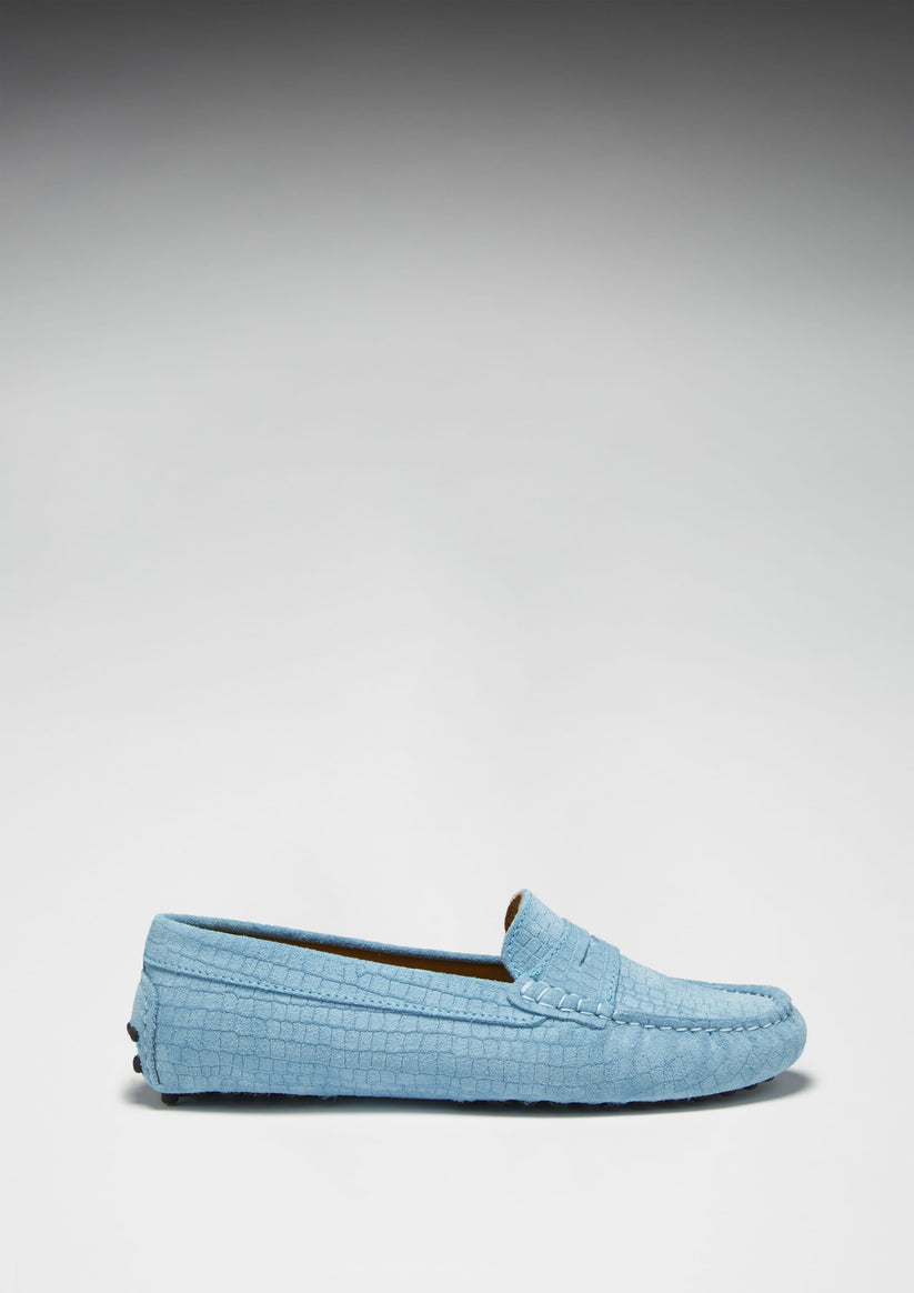 Hugs & Co Womens Penny Driving Loafers Blue Embossed Suede EU 36-42 - QHA UK